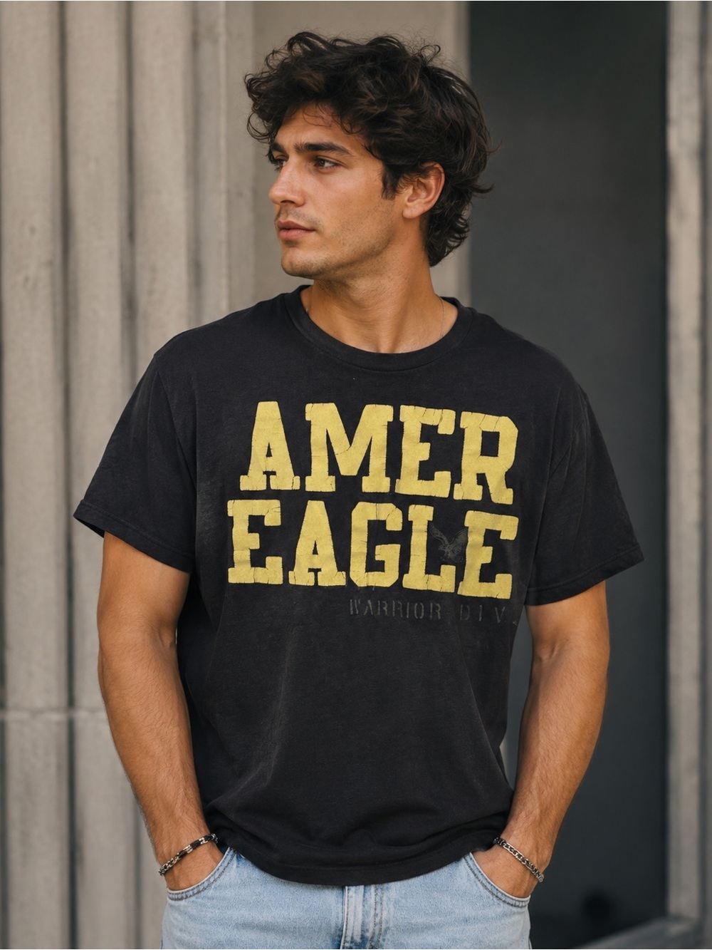 AMERICAN EAGLE Y2K Black Yellow Soft Flocked Letter Graphic Tee Sz XL Athletic